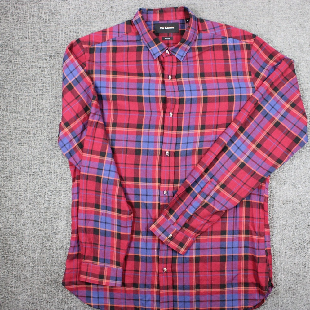 The Kooples Mens Red Blue Plaid Skull Button Fitted Long Sleeve Shirt Size M